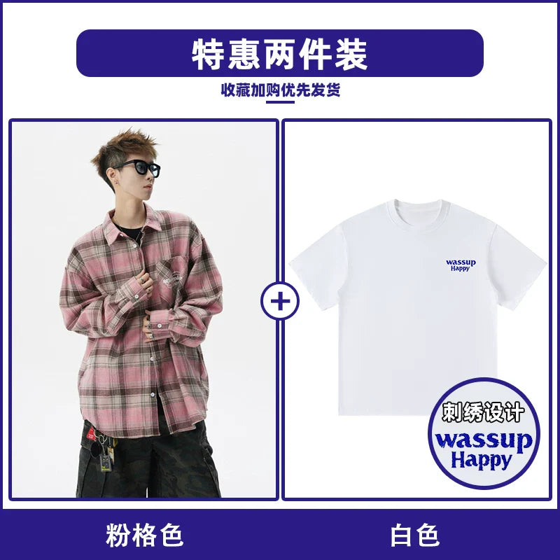 Retro contrasting color long-sleeved shirt men's spring and autumn couple trend American loose casual shirt