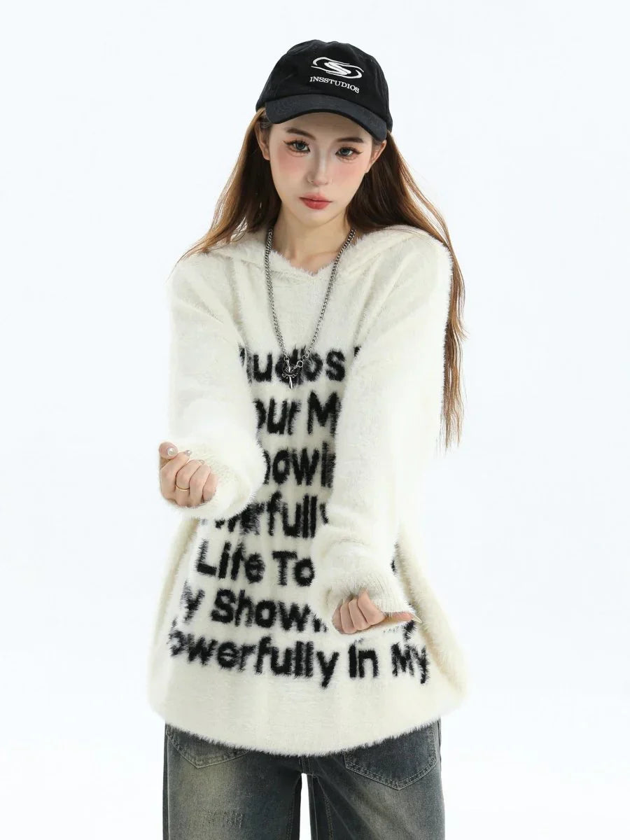 [INSstudios] LETTER LOGO MOHAIR HOODEDS ST529