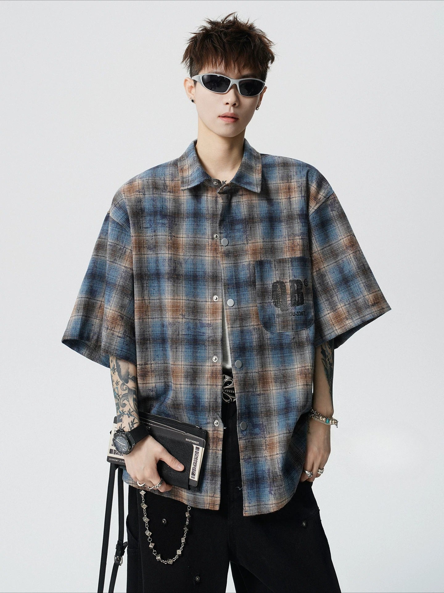 American wasteland tie-dye plaid short-sleeved shirt men's summer trendy brand letter-printed pouch lapel shirt