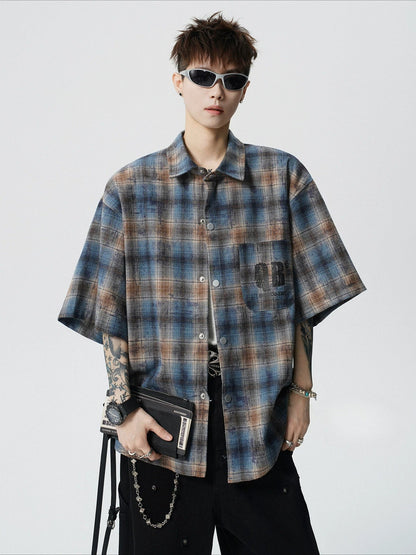 American wasteland tie-dye plaid short-sleeved shirt men's summer trendy brand letter-printed pouch lapel shirt