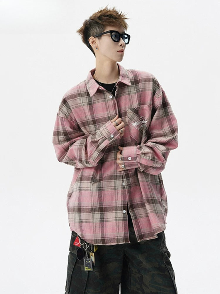 Retro contrasting color long-sleeved shirt men's spring and autumn couple trend American loose casual shirt