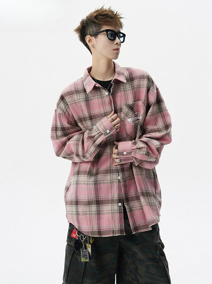 Retro contrasting color long-sleeved shirt men's spring and autumn couple trend American loose casual shirt