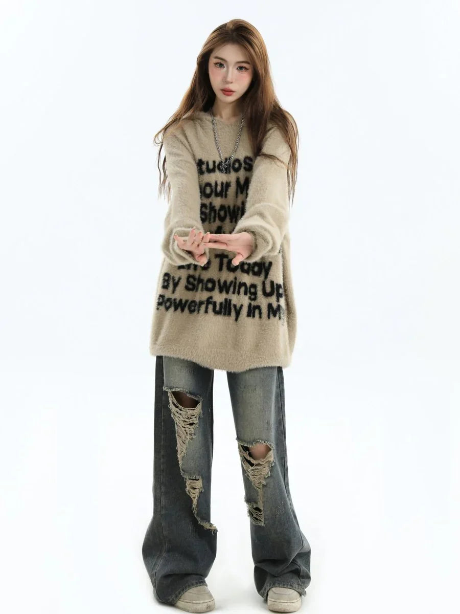[INSstudios] LETTER LOGO MOHAIR HOODEDS ST529
