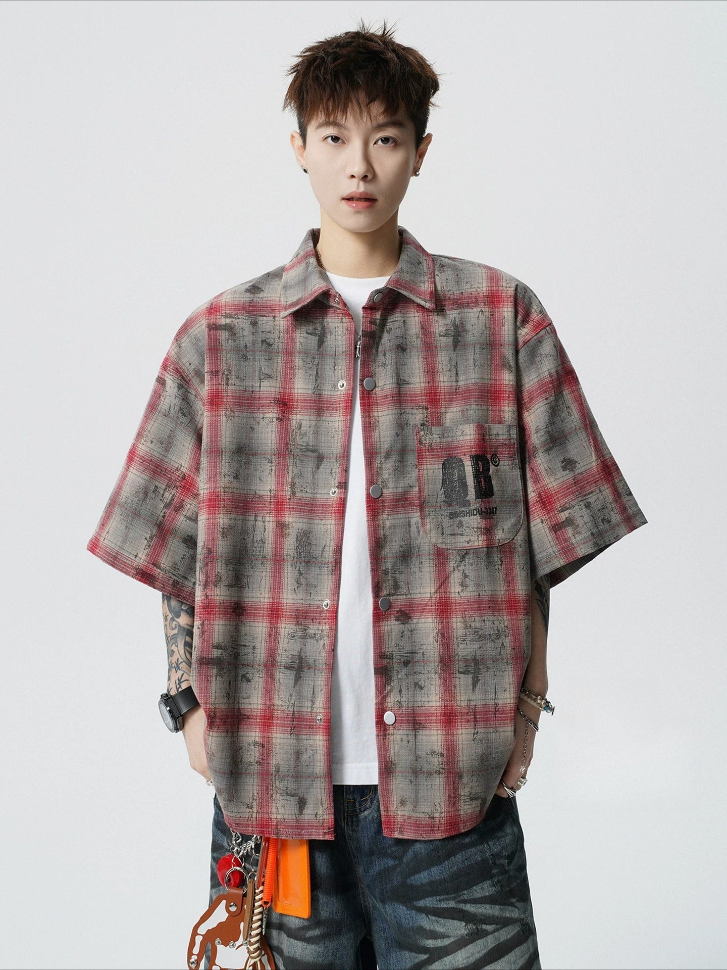 American wasteland tie-dye plaid short-sleeved shirt men's summer trendy brand letter-printed pouch lapel shirt