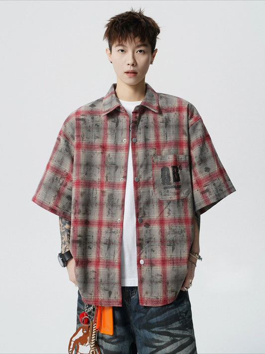 American wasteland tie-dye plaid short-sleeved shirt men's summer trendy brand letter-printed pouch lapel shirt