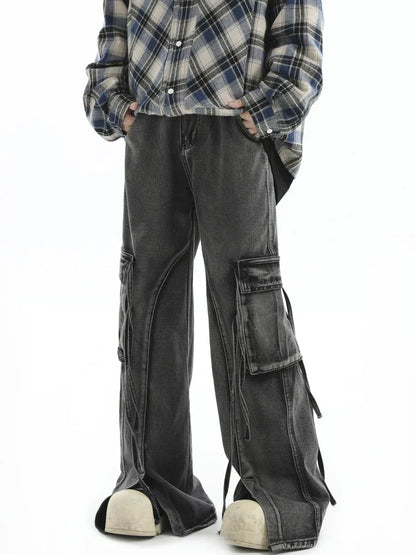 [INSstudios] MULTI-POCKET LOOSE STRAIGHT LONG JEANS ST1210