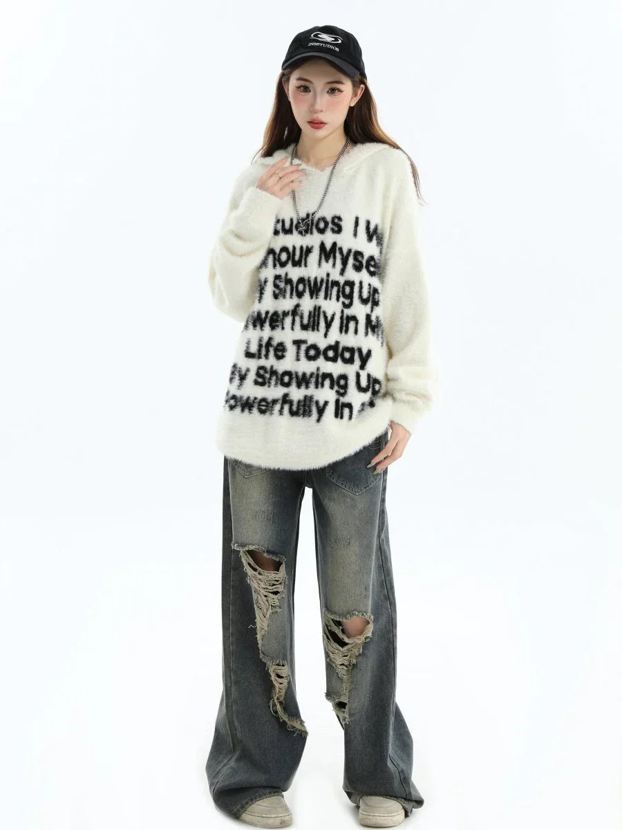 [INSstudios] LETTER LOGO MOHAIR HOODEDS ST529