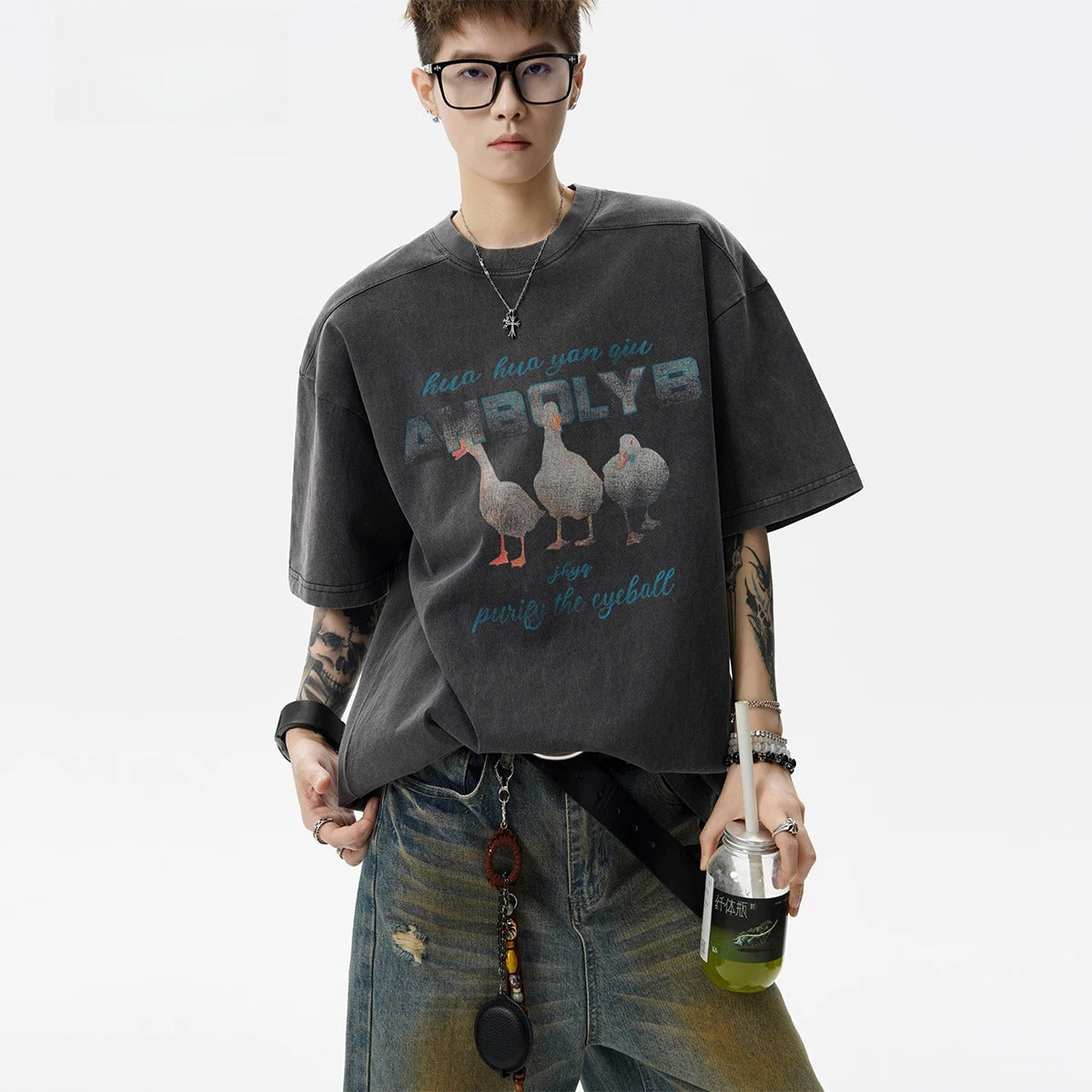 American washed old short-sleeved T-shirt men's summer tide brand printed top loose casual couple five-quarter sleeve