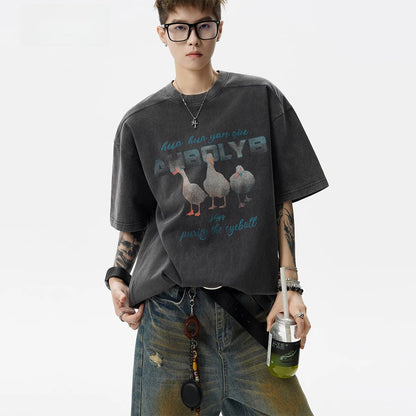 American washed old short-sleeved T-shirt men's summer tide brand printed top loose casual couple five-quarter sleeve
