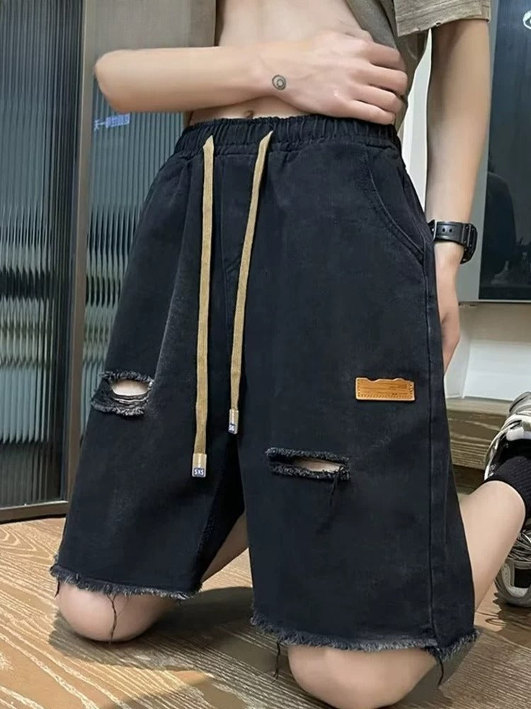 Washed ripped design denim shorts men's summer American trendy brand ruffian handsome casual pants