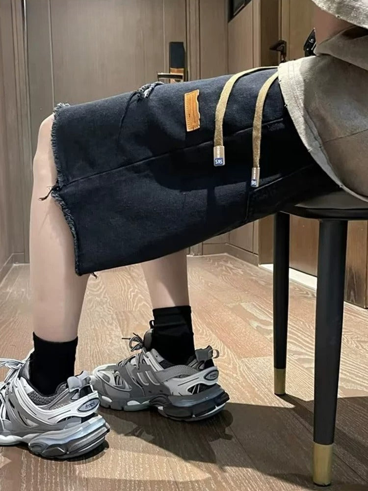 Washed ripped design denim shorts men's summer American trendy brand ruffian handsome casual pants