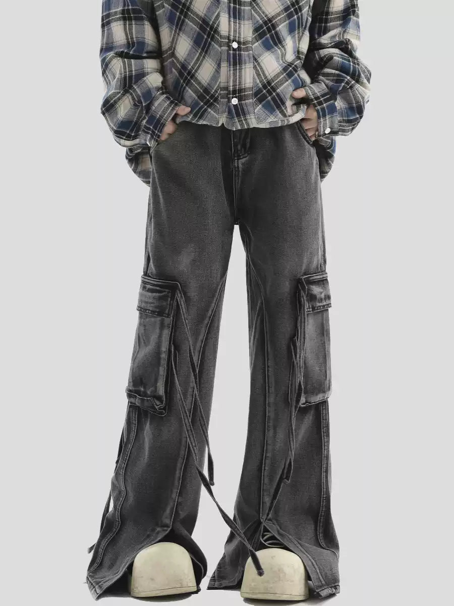 [INSstudios] MULTI-POCKET LOOSE STRAIGHT LONG JEANS ST1210