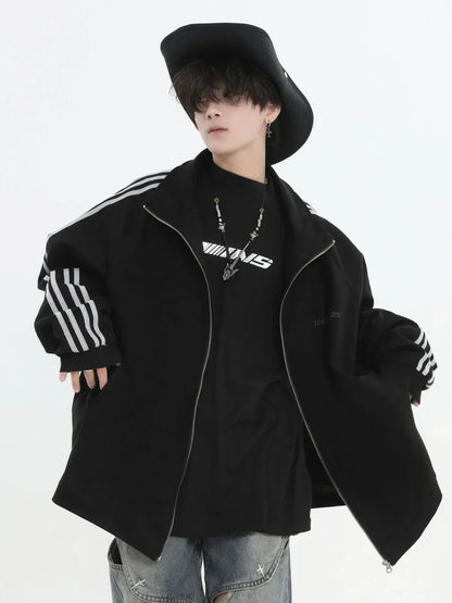 [INSstudios] STRIPED CASUAL ZIPPER JACKET ST1196