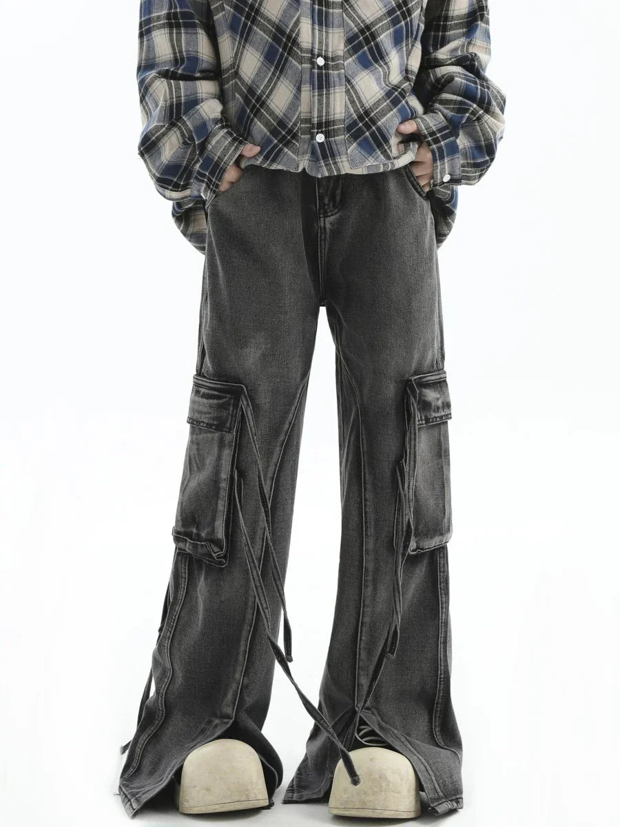 [INSstudios] MULTI-POCKET LOOSE STRAIGHT LONG JEANS ST1210