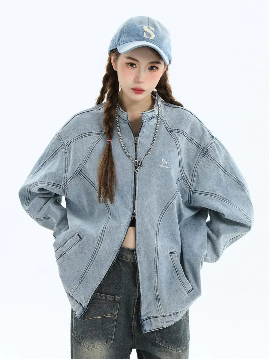 [INSstudios] WASHED DENIM JACKET ZIPPER ST1064