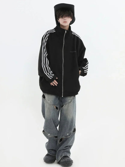 [INSstudios] STRIPED CASUAL ZIPPER JACKET ST1196