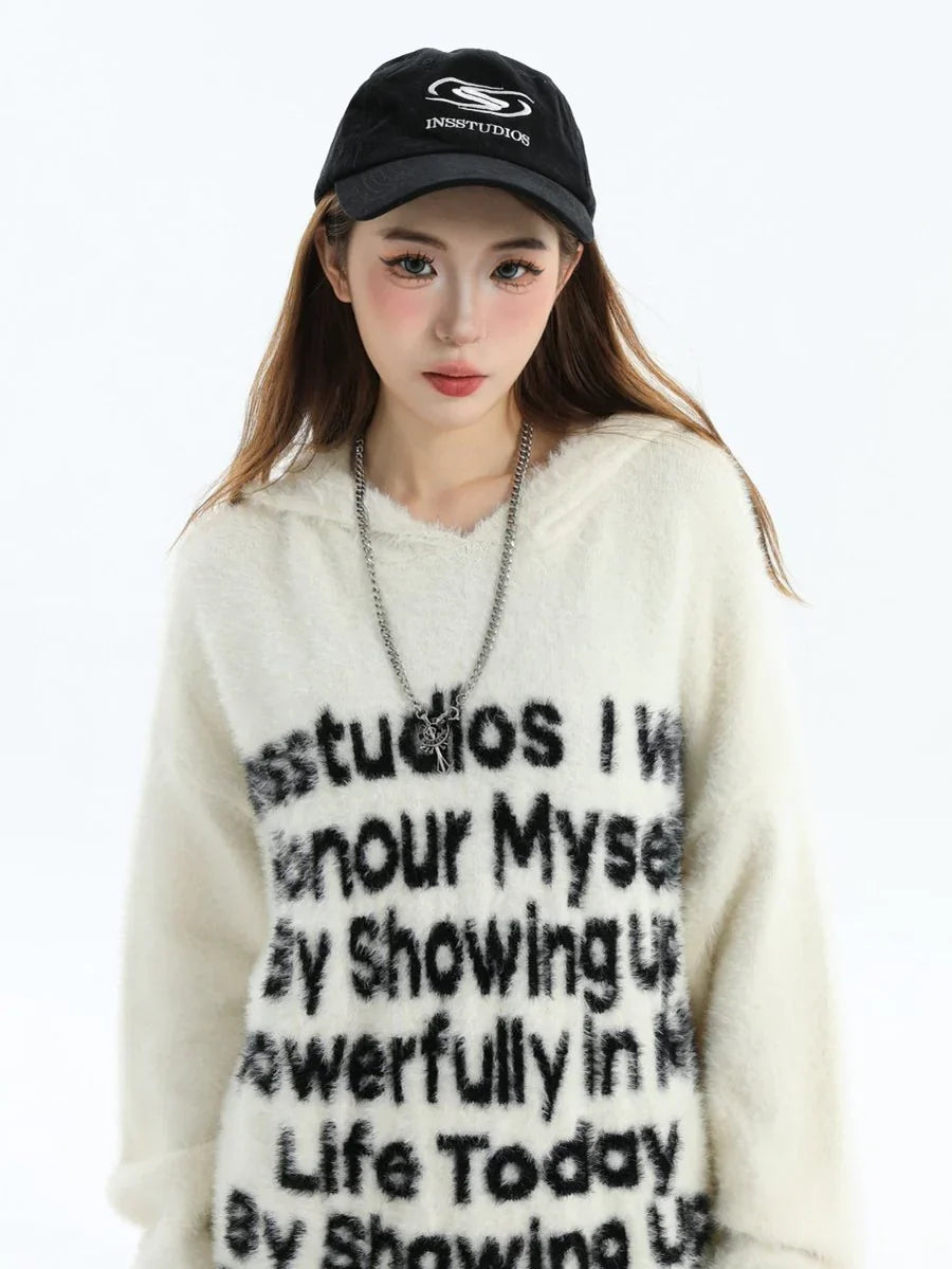 [INSstudios] LETTER LOGO MOHAIR HOODEDS ST529