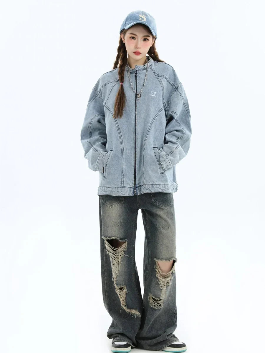 [INSstudios] WASHED DENIM JACKET ZIPPER ST1064