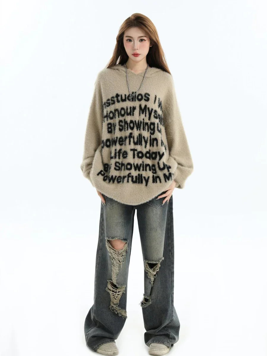 [INSstudios] LETTER LOGO MOHAIR HOODEDS ST529