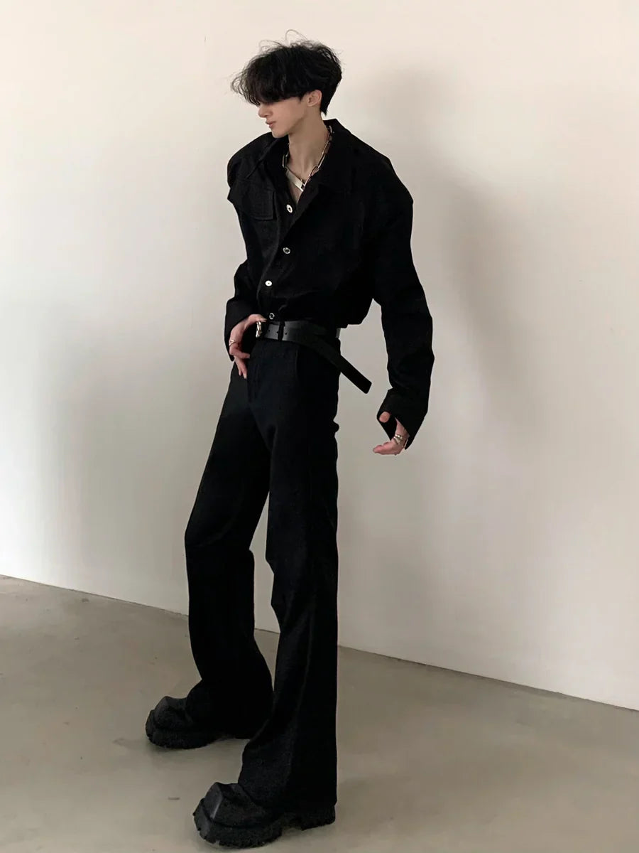 [AUTUMNWIND] BLACK SHOULDER PADS METAL PUNK SHIRT ST915