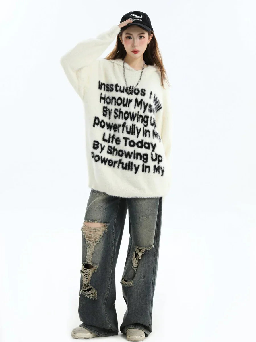 [INSstudios] LETTER LOGO MOHAIR HOODEDS ST529
