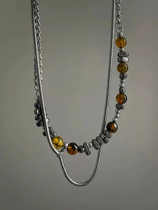 EARTH COLOR IRREGULAR STONE TITANIUM CHAIN NECKLACE ST1253