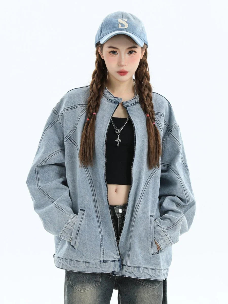 [INSstudios] WASHED DENIM JACKET ZIPPER ST1064