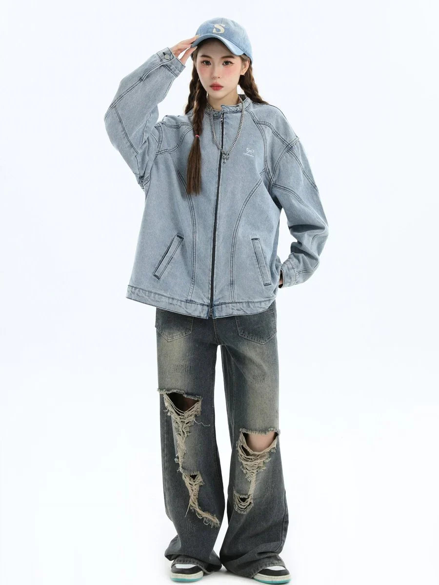 [INSstudios] WASHED DENIM JACKET ZIPPER ST1064