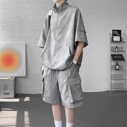 American tooling suit men's summer loose casual wear with a complete set of short sleeves 2026 new ice silk sports shorts