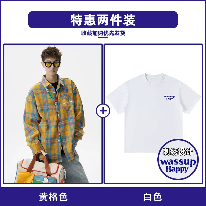 Retro contrasting color long-sleeved shirt men's spring and autumn couple trend American loose casual shirt