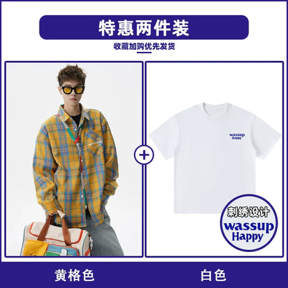 Retro contrasting color long-sleeved shirt men's spring and autumn couple trend American loose casual shirt
