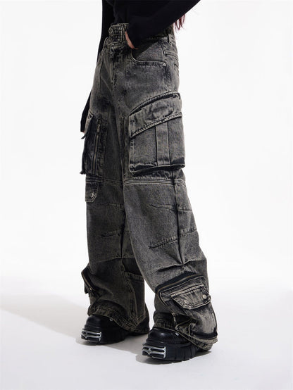 [PEOPLESTYLE] Multi-pocket wide leg casual jeans st2096