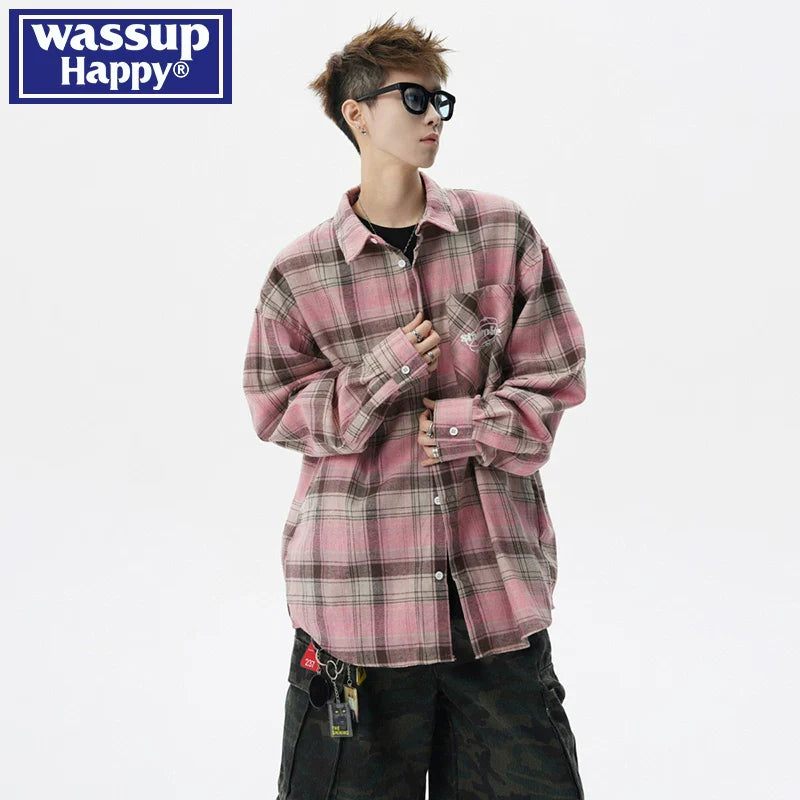 Retro contrasting color long-sleeved shirt men's spring and autumn couple trend American loose casual shirt