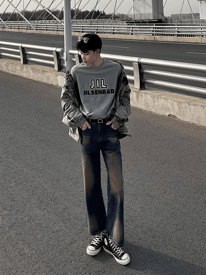 Washed contrast color wide leg jeans st1664