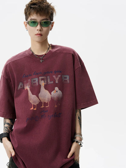 American washed old short-sleeved T-shirt men's summer tide brand printed top loose casual couple five-quarter sleeve