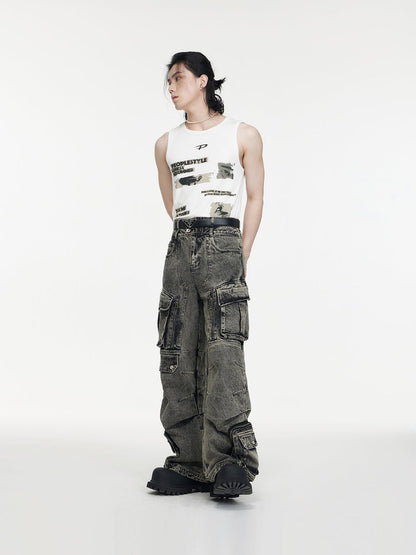 [PEOPLESTYLE] Multi-pocket wide leg casual jeans st2096