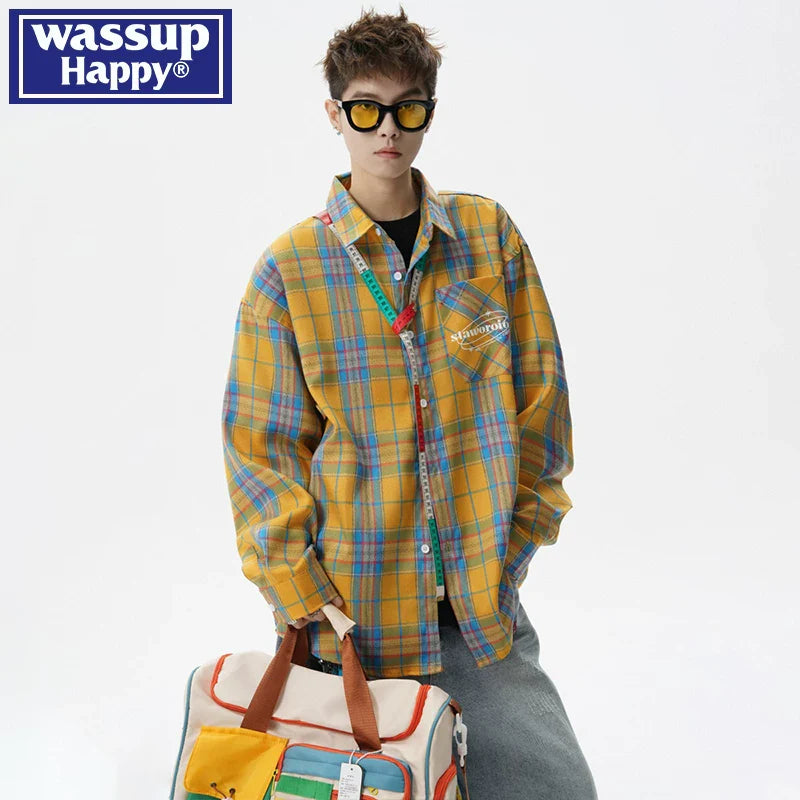 Retro contrasting color long-sleeved shirt men's spring and autumn couple trend American loose casual shirt