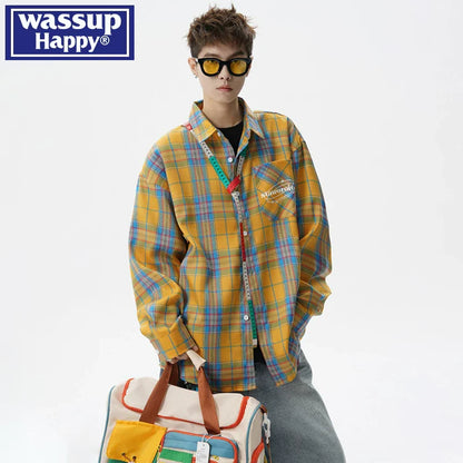 Retro contrasting color long-sleeved shirt men's spring and autumn couple trend American loose casual shirt