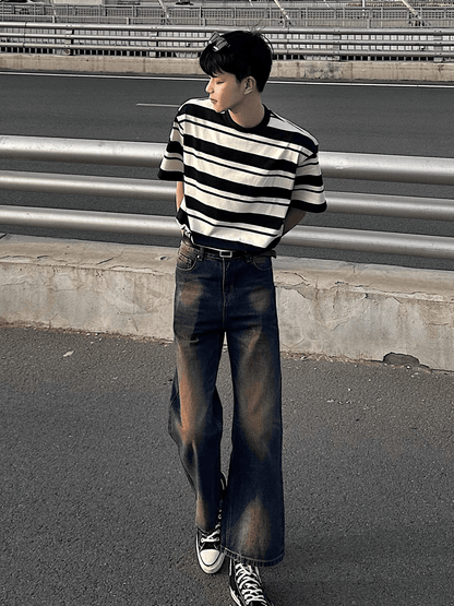 Washed contrast color wide leg jeans st1664