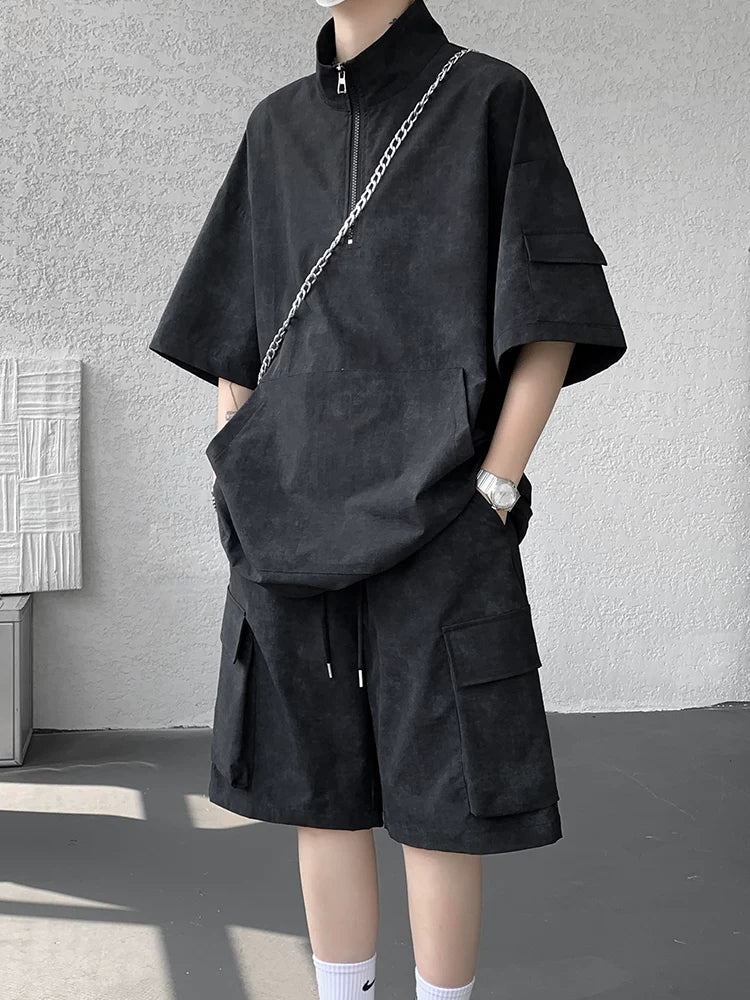 American tooling suit men's summer loose casual wear with a complete set of short sleeves 2026 new ice silk sports shorts