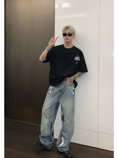 [CUIBUJU] street graffiti contrast color straight jeans st1759