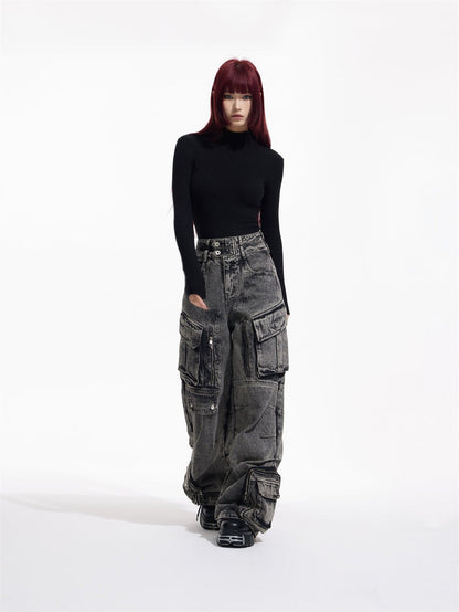 [PEOPLESTYLE] Multi-pocket wide leg casual jeans st2096