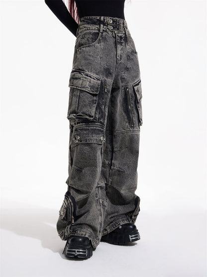 [PEOPLESTYLE] Multi-pocket wide leg casual jeans st2096