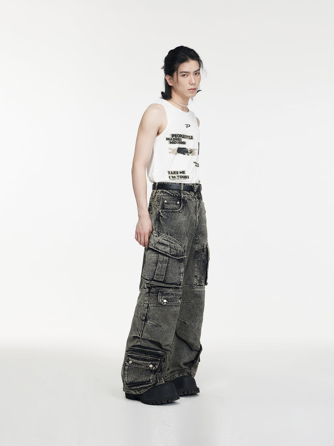 [PEOPLESTYLE] Multi-pocket wide leg casual jeans st2096