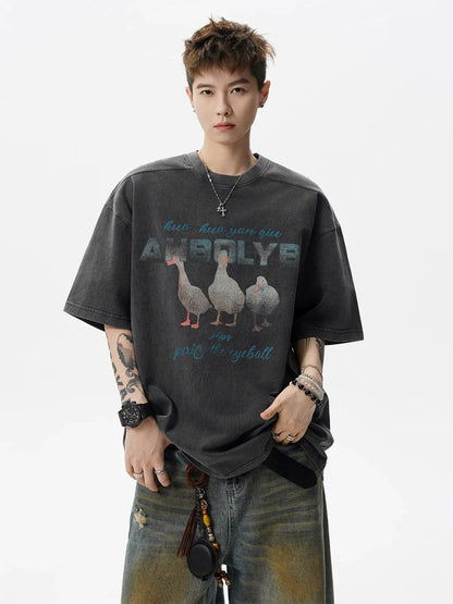 American washed old short-sleeved T-shirt men's summer tide brand printed top loose casual couple five-quarter sleeve
