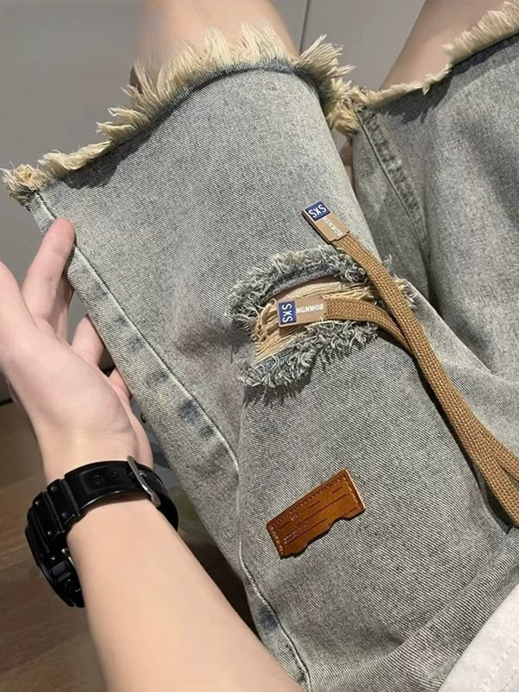Washed ripped design denim shorts men's summer American trendy brand ruffian handsome casual pants