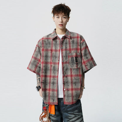 American wasteland tie-dye plaid short-sleeved shirt men's summer trendy brand letter-printed pouch lapel shirt