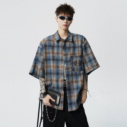 American wasteland tie-dye plaid short-sleeved shirt men's summer trendy brand letter-printed pouch lapel shirt