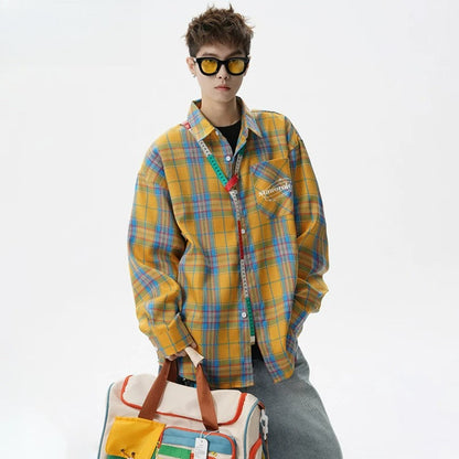 Retro contrasting color long-sleeved shirt men's spring and autumn couple trend American loose casual shirt