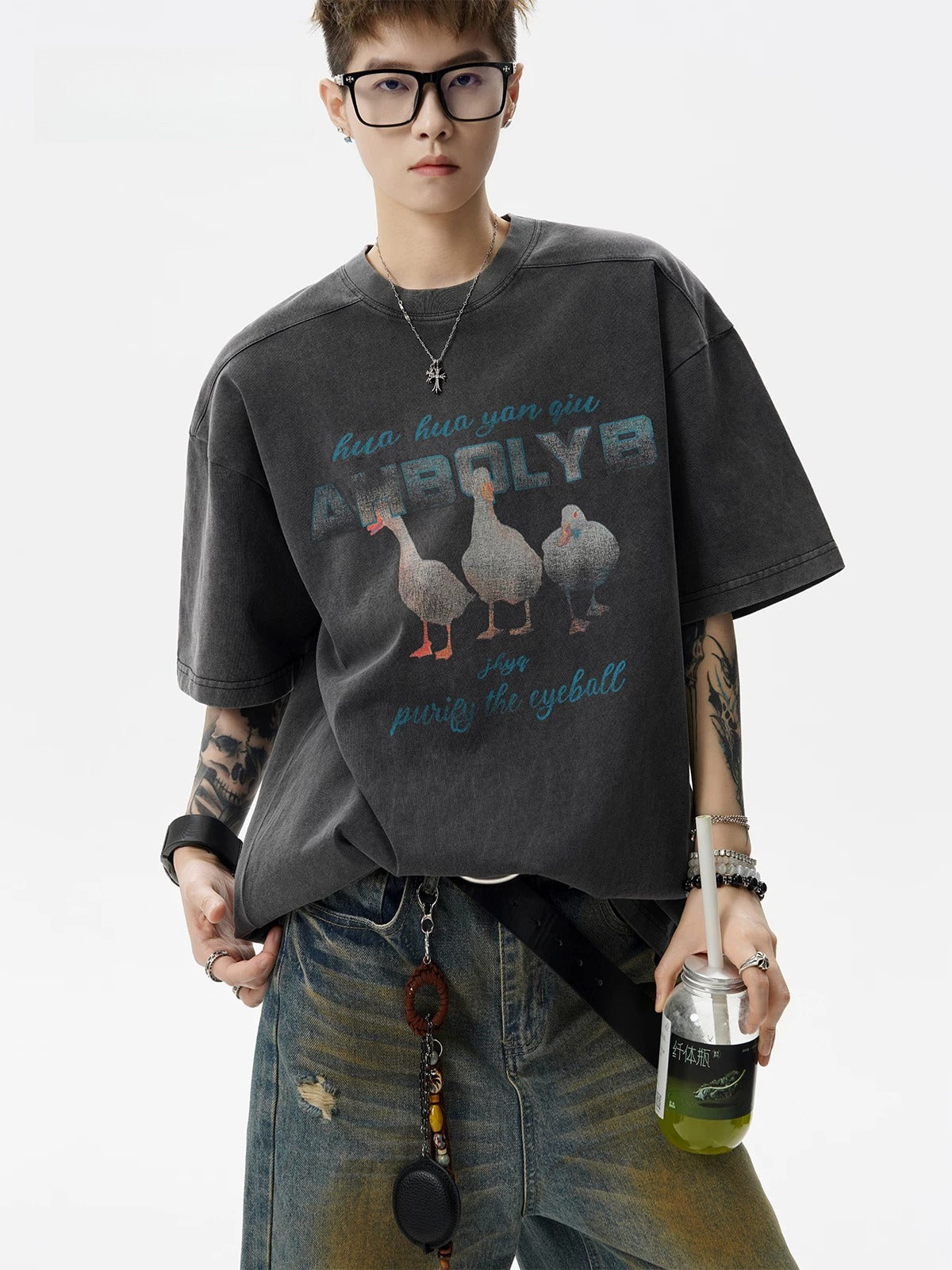 American washed old short-sleeved T-shirt men's summer tide brand printed top loose casual couple five-quarter sleeve